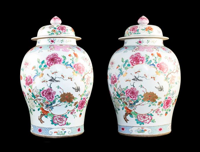Pair of Chinese export porcelain famille rose baluster vases and covers, 26 inches high | MasterArt